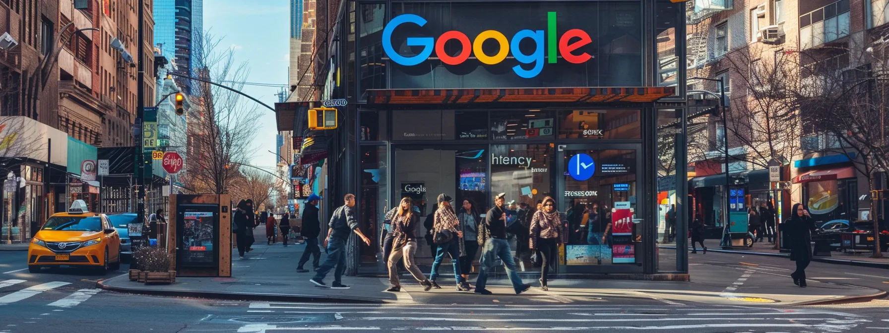 a bustling city street with a storefront displaying a vibrant google business profile, attracting passersby with its engaging content and positive reviews.