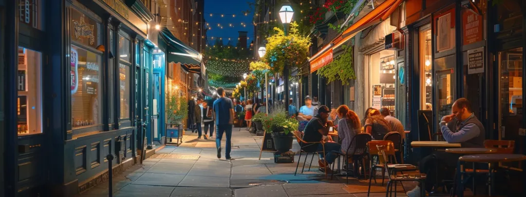 a bustling city street with a vibrant local shop appearing at the top of a google search result, surrounded by glowing seo keywords.