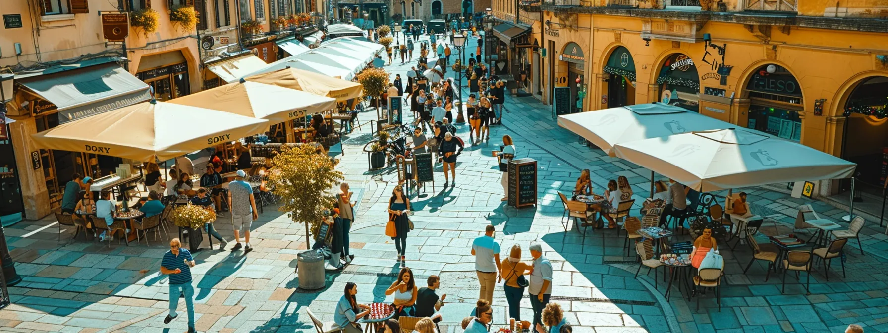 a bustling town square filled with locals interacting and sharing content on social media, promoting local events and exclusive offers to enhance community engagement.