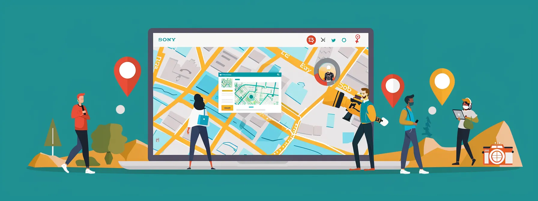 a camera capturing a diverse group of people engaged with a website displayed on a laptop, surrounded by maps and local landmarks, emphasizing the importance of local seo tactics.