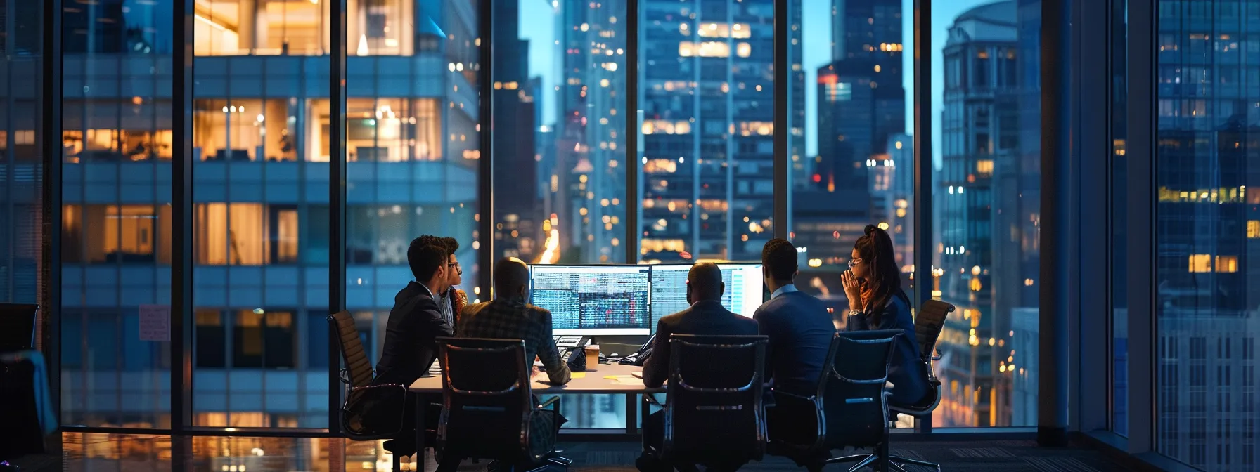 a group of diverse marketing professionals huddled around a conference table in a vibrant chicago office, brainstorming ideas and analyzing data on multiple computer screens.