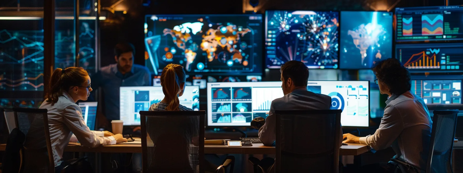 a team of marketing experts strategizing around a conference table, surrounded by computer screens showing analytics and digital campaign designs.